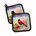 Northern Cardinal Floral Branch Pot Holder Set of 2 Heat Resistant Quilted Hot Pads 7.5 x 7.5 Inch, Insulated Kitchen Trivets for Cooking & Baking