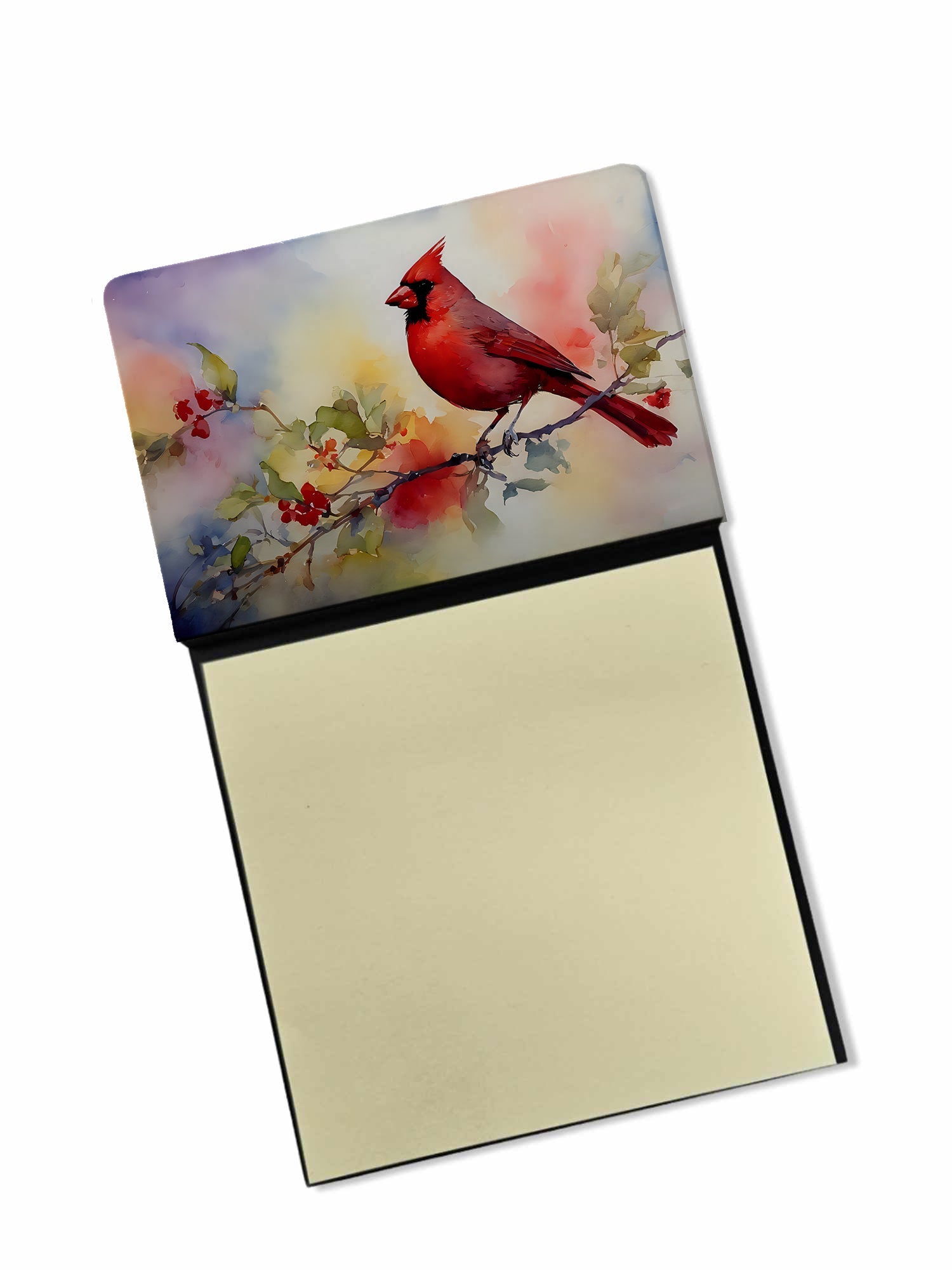 Northern Cardinal Floral Branch Watercolor Sticky Note Holder Refillable Dispenser Desk Accessory 3x3 Pad Gift