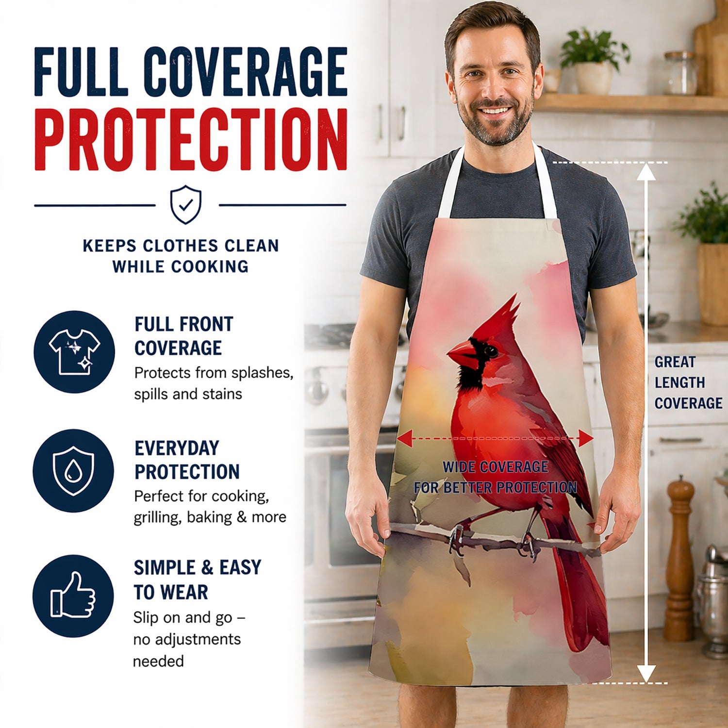 Northern Cardinal on Blossom Branch Apron Cooking Kitchen Server Baking Crafts Gardening for Adult Women Men, Unisex, Large, Multicolor