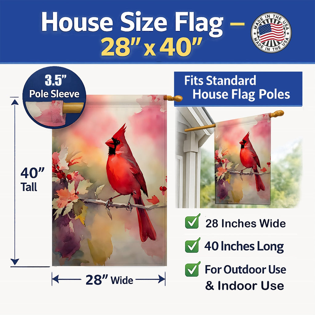 Northern Cardinal on Blossom Branch House Flag 28x40 Porch Sleeve Pole Decorative Outside Yard Banner Artwork Wall Hanging, Polyester