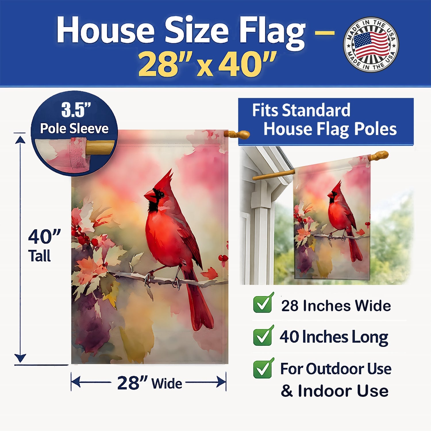Northern Cardinal on Blossom Branch House Flag 28x40 Porch Sleeve Pole Decorative Outside Yard Banner Artwork Wall Hanging, Polyester