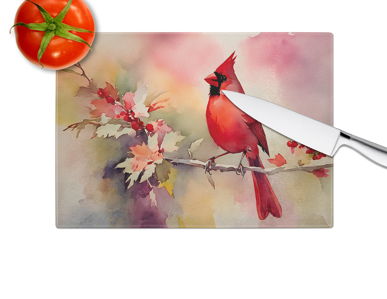 Northern Cardinal on Blossom Branch Cutting Board Tempered Glass Kitchen Cutting Surface, Heat Resistant Chopping, Non-Slip Feet, Food Prep & Serving