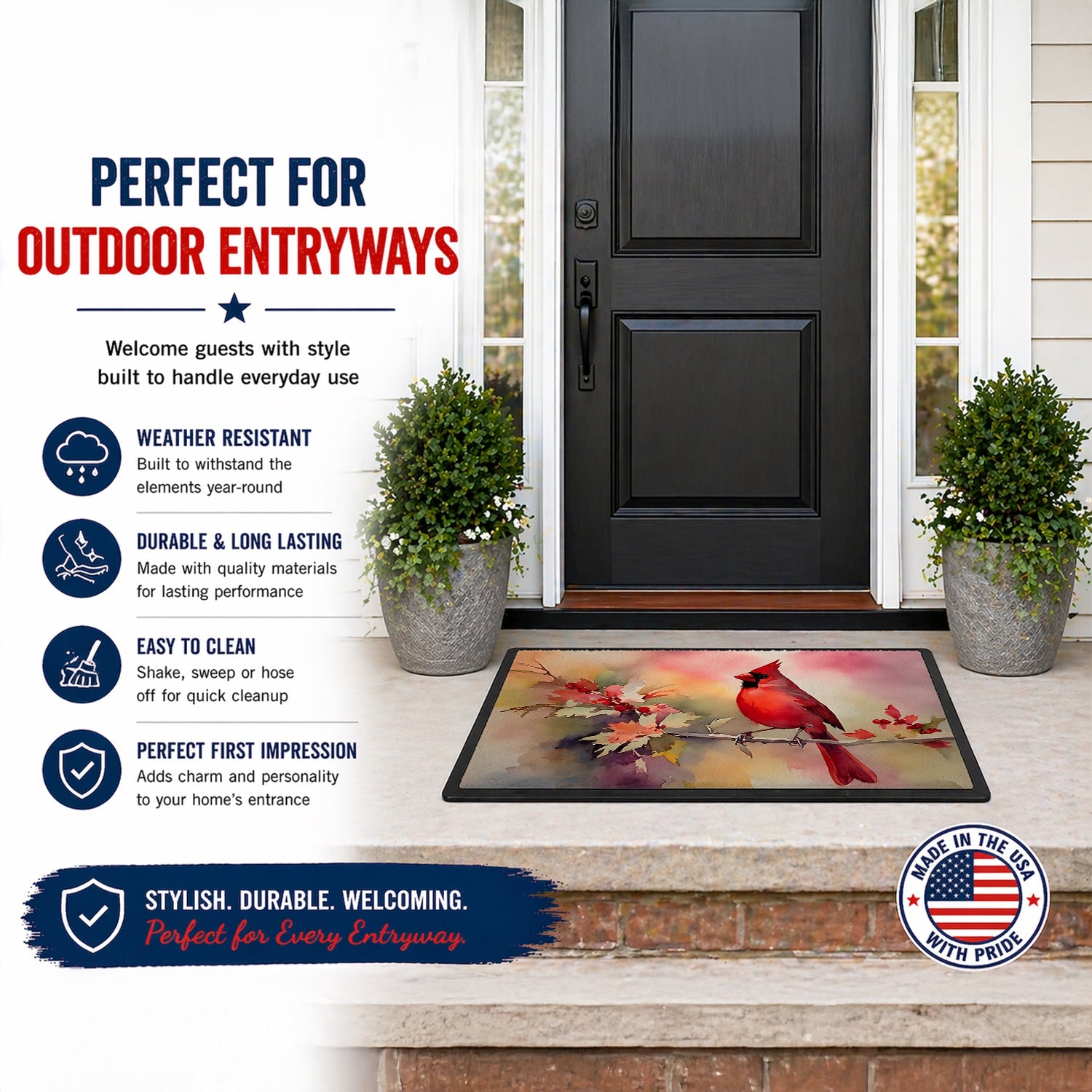 Northern Cardinal on Blossom Branch Doormat Indoor Outdoor 18H X 27W Front Door Mat Rugs for Entryway, Non Slip Washable