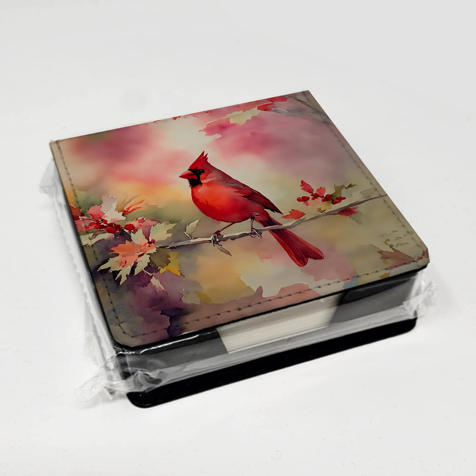 Northern Cardinal on Blossom Branch PU Leather Note Paper Holder with Artist-Designed Cover, Desk Accessory, Office Gift