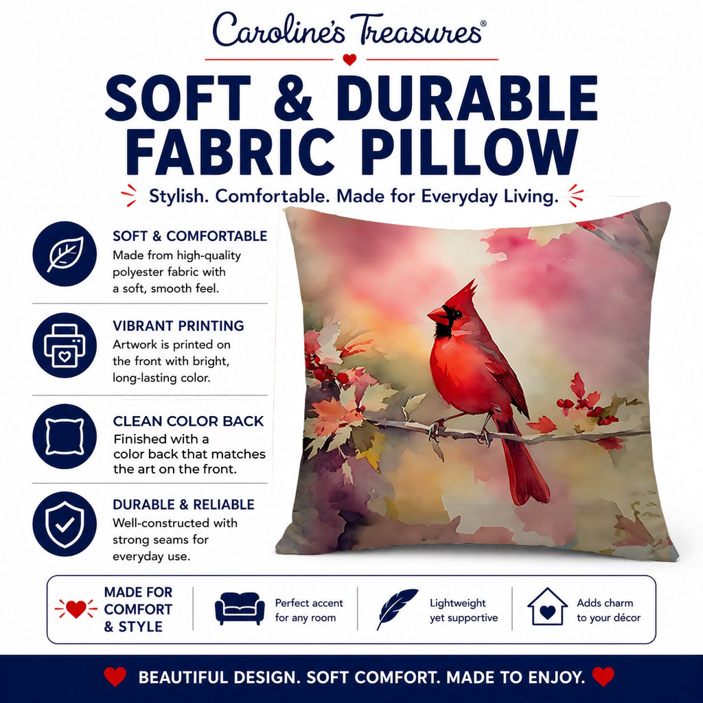 Northern Cardinal on Blossom Branch Decorative Throw Pillow 14x14 Indoor Outdoor Accent Cushion, Fabric Cover with Insert for Sofa, Bed, Porch & Living Room