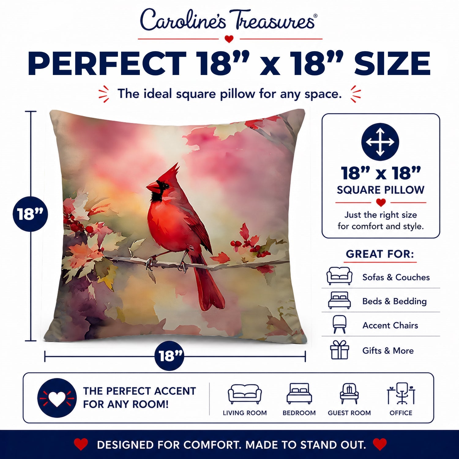 Northern Cardinal on Blossom Branch Decorative Throw Pillow 18x18 Indoor Outdoor Accent Cushion, Fabric Cover with Insert for Sofa, Bed, Porch & Living Room