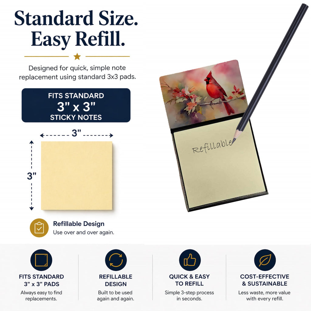 Northern Cardinal on Blossom Branch Watercolor Sticky Note Holder Refillable Dispenser Desk Accessory 3x3 Pad Gift