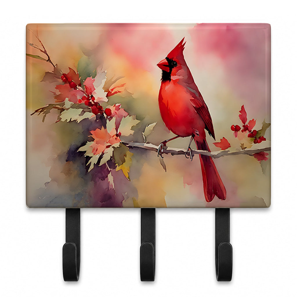 Northern Cardinal on Blossom Branch Leash or Key Holder Wall Hooks, Coat Rack Wall Mount, for Hanging Keys, Towels, Aprons, Leashes