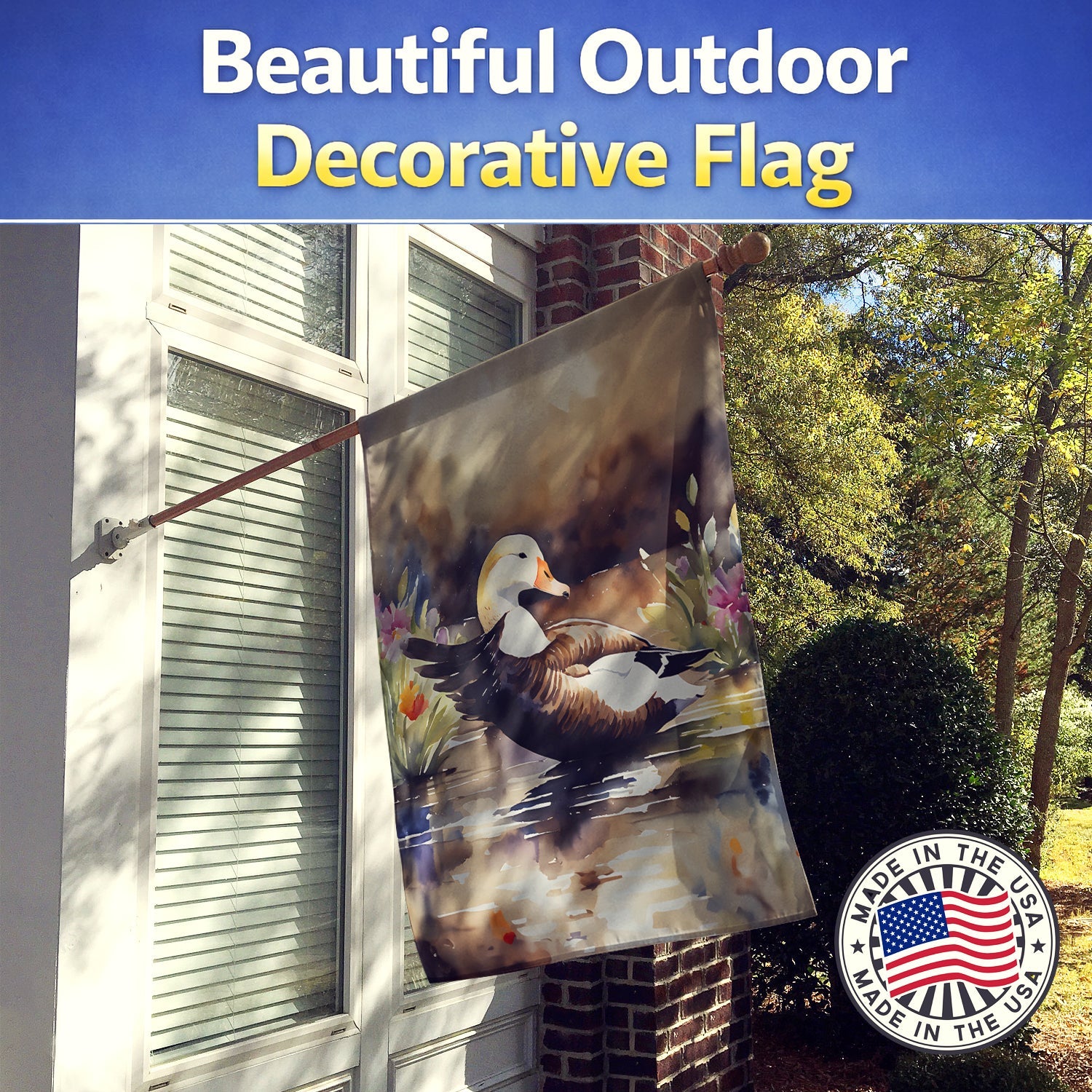 Common Eider Wood Duck Swimming with Flowers House Flag 28x40 Porch Sleeve Pole Decorative Outside Yard Banner Artwork Wall Hanging, Polyester