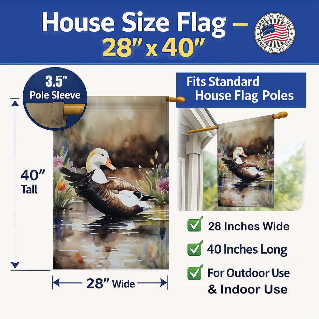 Common Eider Wood Duck Swimming with Flowers House Flag 28x40 Porch Sleeve Pole Decorative Outside Yard Banner Artwork Wall Hanging, Polyester