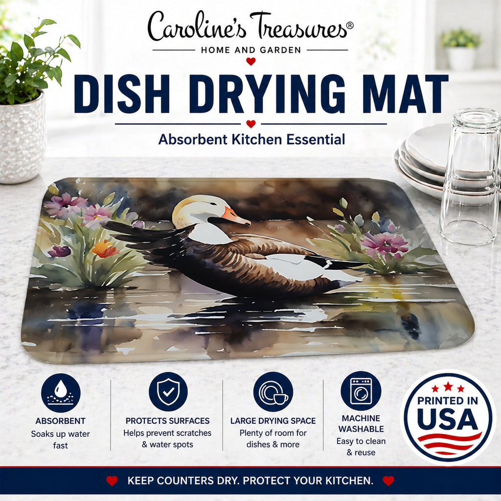 Common Eider Wood Duck Swimming with Flowers Dish Drying Mat Absorbent Dish Drying Mat Pad for Kitchen Counter Dish Drainer Mat for Countertop, 14 x 21", Multicolor