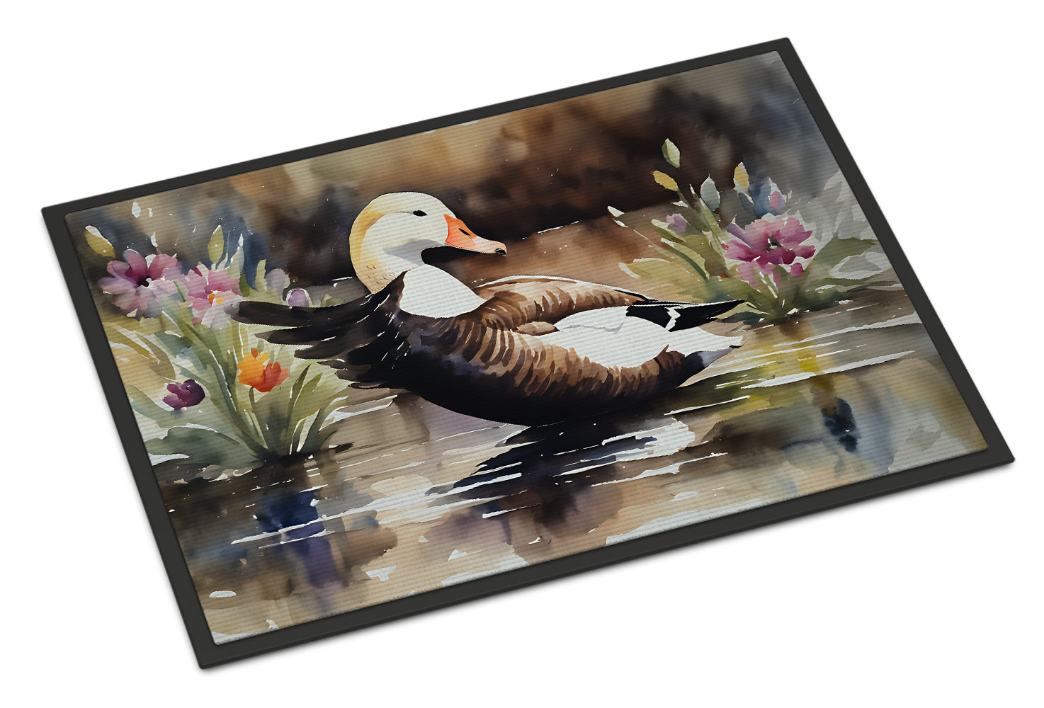 Common Eider Wood Duck Swimming with Flowers Doormat Indoor Outdoor 24H X 36W Front Door Mat Rugs for Entryway, Non Slip Washable Low Pile,