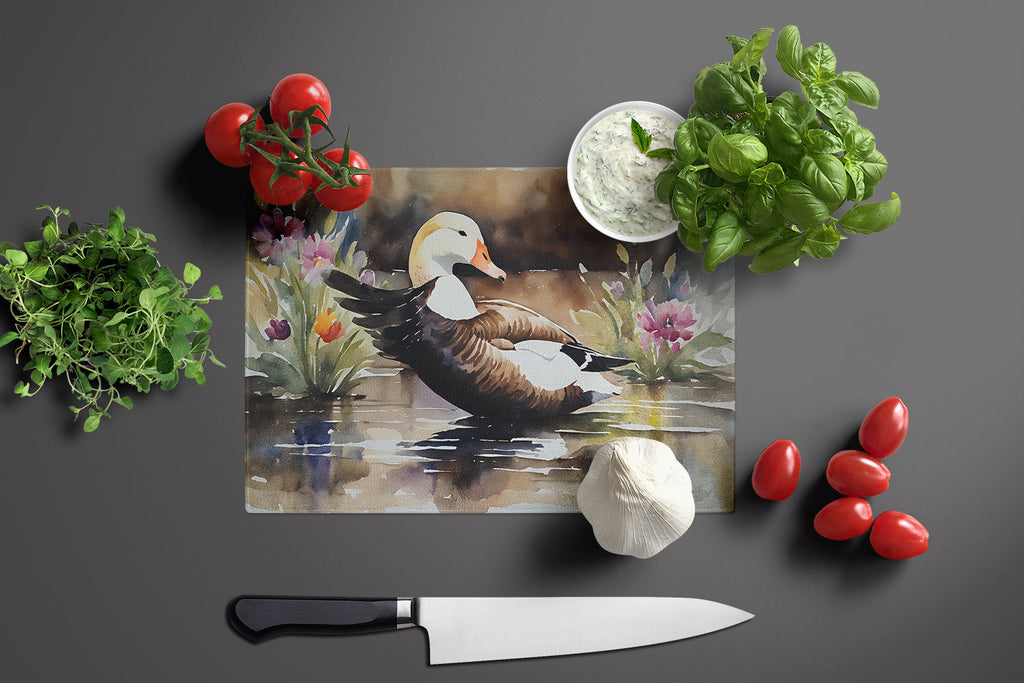 Common Eider Wood Duck Swimming with Flowers Cutting Board Tempered Glass Kitchen Cutting Surface, Heat Resistant Chopping, Non-Slip Feet, Food Prep & Serving