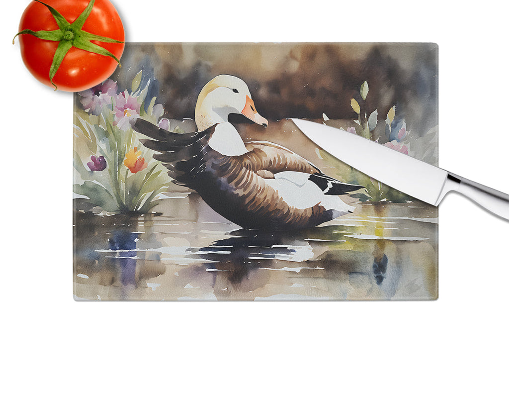 Common Eider Wood Duck Swimming with Flowers Cutting Board Tempered Glass Kitchen Cutting Surface, Heat Resistant Chopping, Non-Slip Feet, Food Prep & Serving