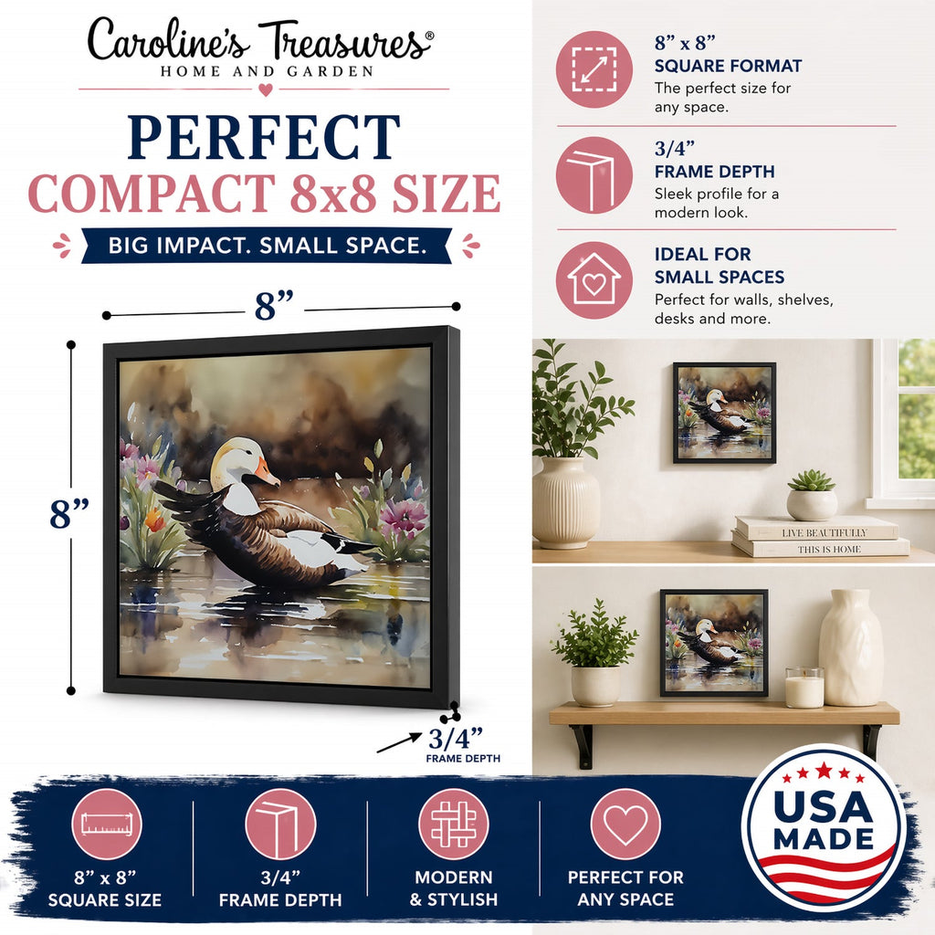 Common Eider Wood Duck Swimming with Flowers Framed Metal Print Bathroom, Kitchen, Office, Home Decor Wall Art Ready to Hang, Square, 8X8