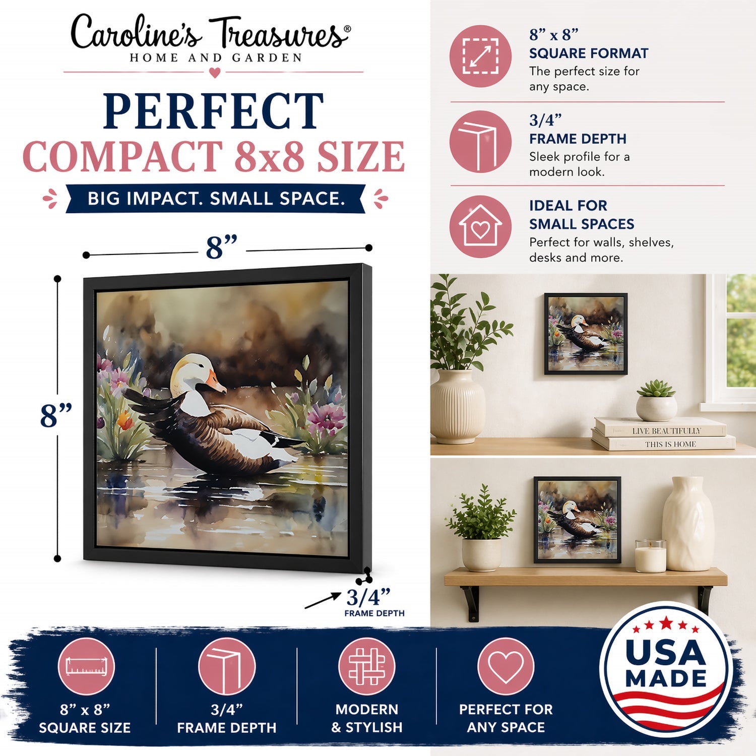 Common Eider Wood Duck Swimming with Flowers Framed Metal Print Bathroom, Kitchen, Office, Home Decor Wall Art Ready to Hang, Square, 8X8