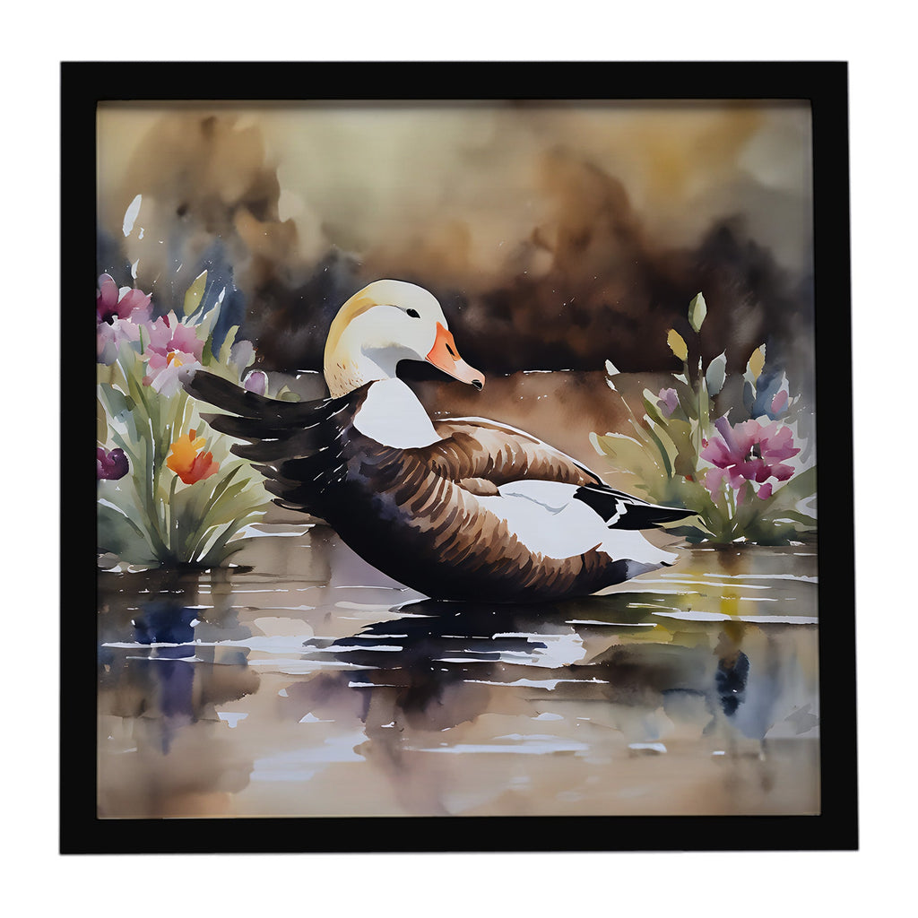 Common Eider Wood Duck Swimming with Flowers Framed Metal Print Bathroom, Kitchen, Office, Home Decor Wall Art Ready to Hang, Square, 8X8