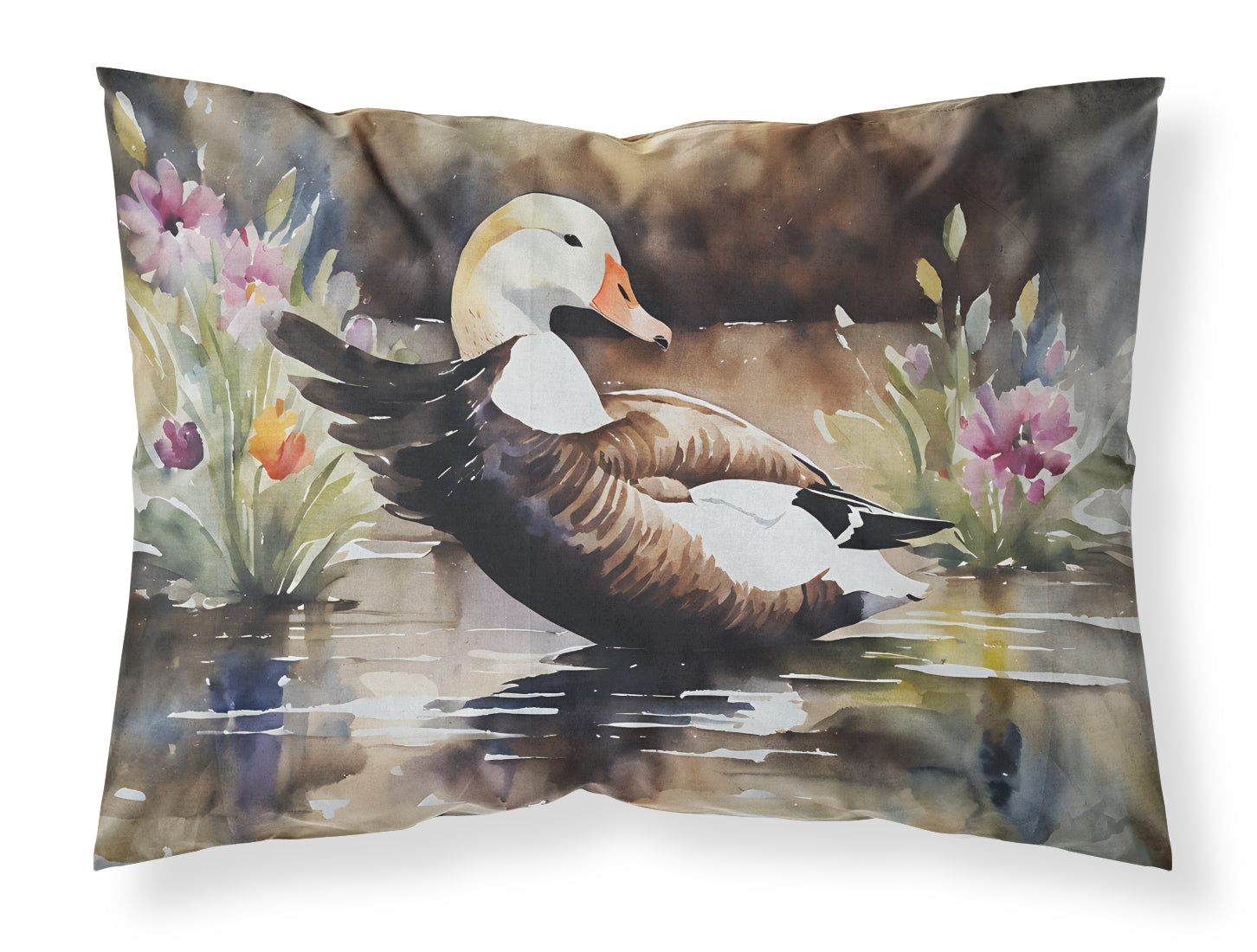 Common Eider Wood Duck Swimming with Flowers Standard Pillowcase Lightweight Super Soft Easy Care Decorative Artwork Pillowcase, Standard