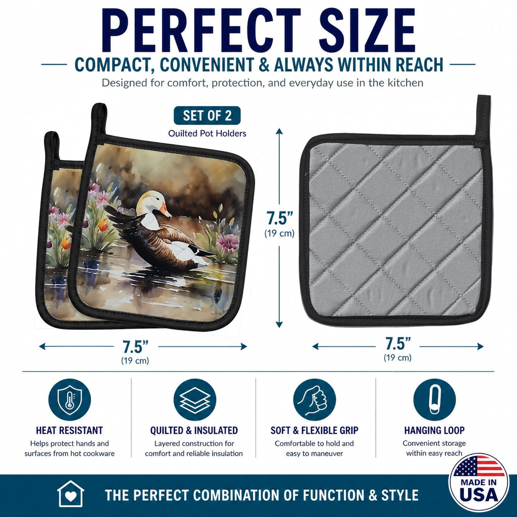 Common Eider Wood Duck Swimming with Flowers Pot Holder Set of 2 Heat Resistant Quilted Hot Pads 7.5 x 7.5 Inch, Insulated Kitchen Trivets for Cooking & Baking