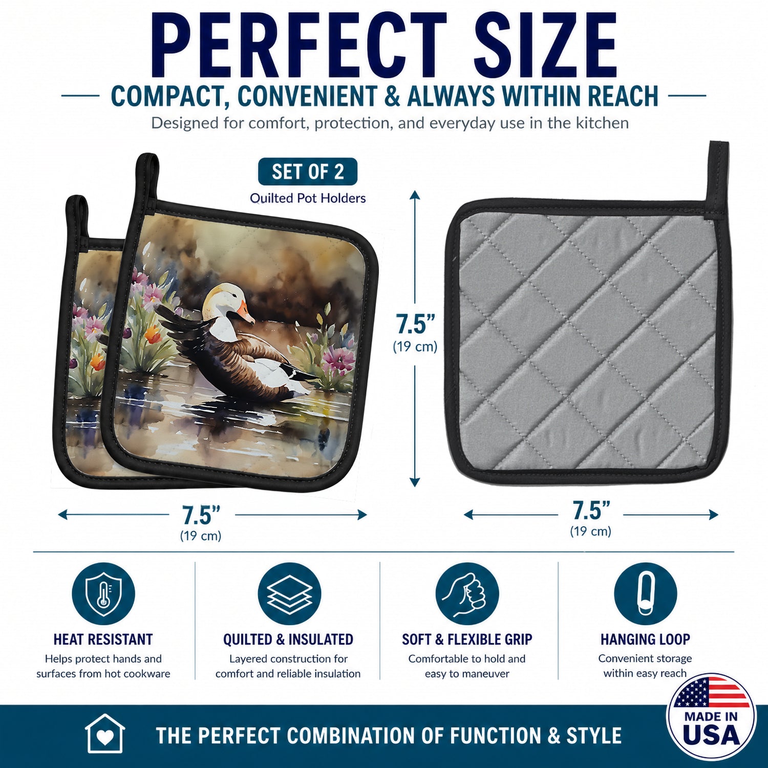 Common Eider Wood Duck Swimming with Flowers Pot Holder Set of 2 Heat Resistant Quilted Hot Pads 7.5 x 7.5 Inch, Insulated Kitchen Trivets for Cooking & Baking