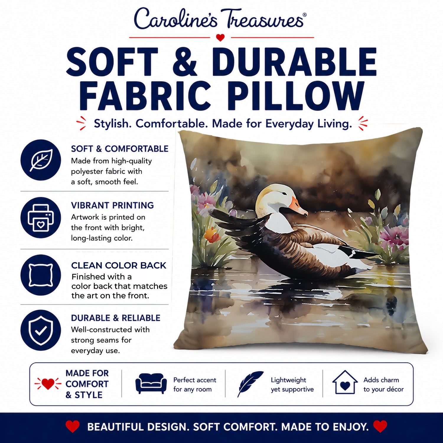Common Eider Wood Duck Swimming with Flowers Decorative Throw Pillow 14x14 Indoor Outdoor Accent Cushion, Fabric Cover with Insert for Sofa, Bed, Porch & Living Room