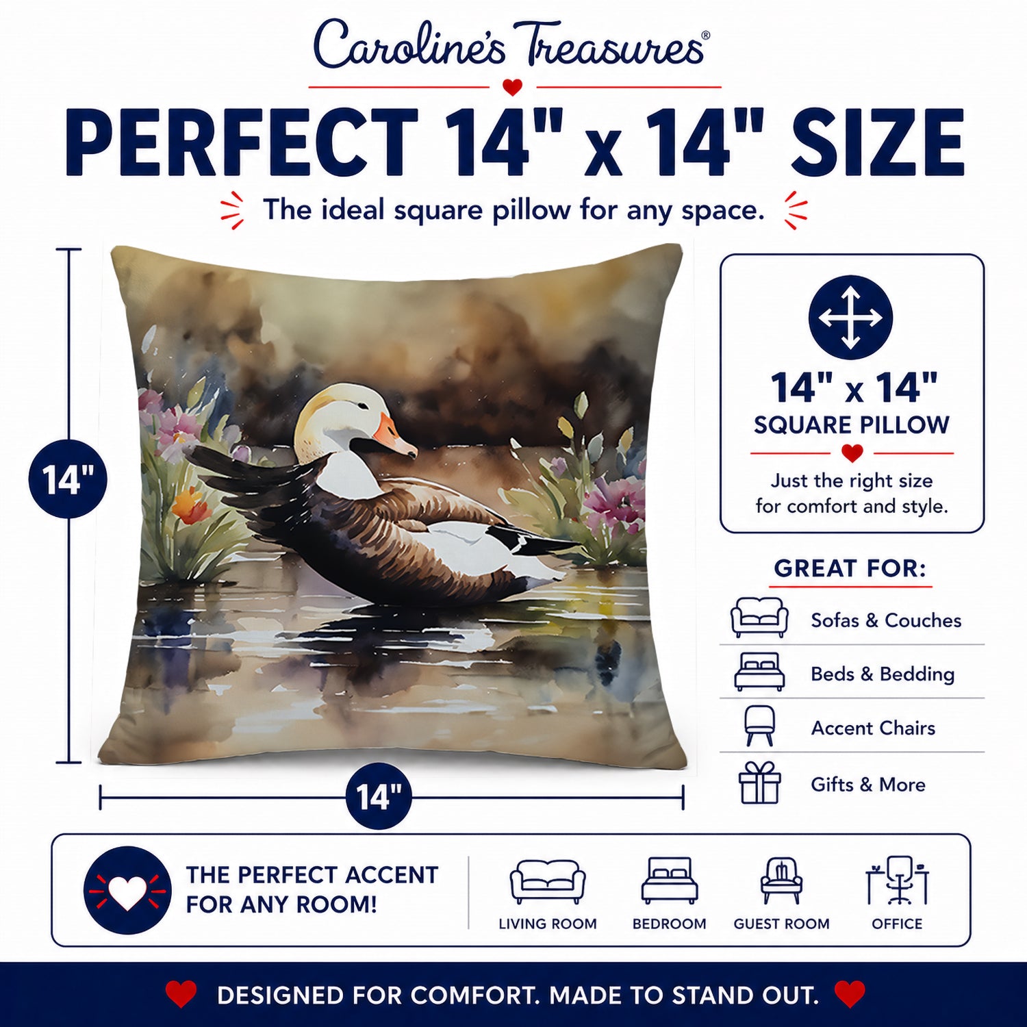 Common Eider Wood Duck Swimming with Flowers Decorative Throw Pillow 14x14 Indoor Outdoor Accent Cushion, Fabric Cover with Insert for Sofa, Bed, Porch & Living Room