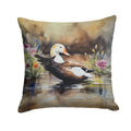 Common Eider Wood Duck Swimming with Flowers Decorative Throw Pillow 18x18 Indoor Outdoor Accent Cushion, Fabric Cover with Insert for Sofa, Bed, Porch & Living Room