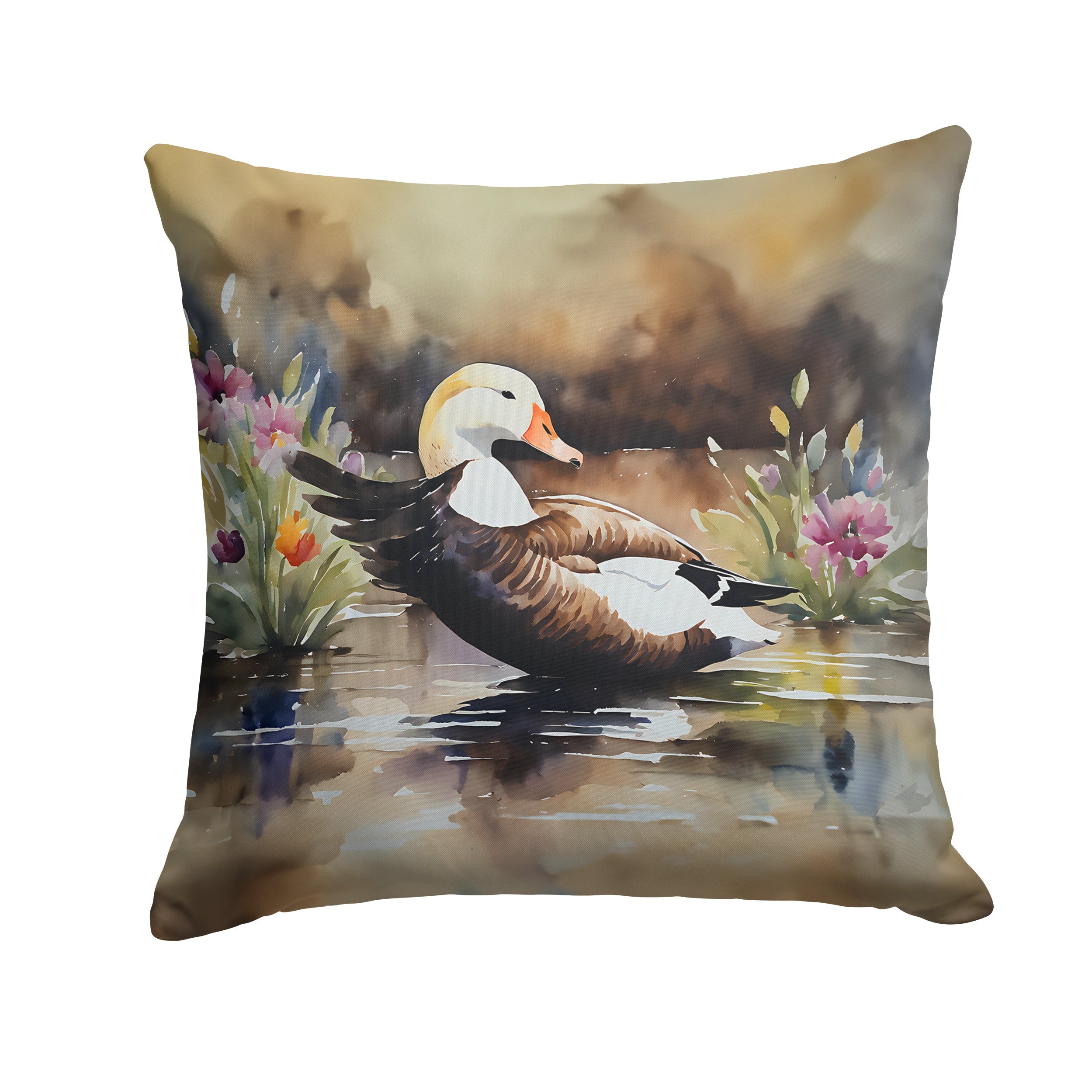 Common Eider Wood Duck Swimming with Flowers Decorative Throw Pillow 18x18 Indoor Outdoor Accent Cushion, Fabric Cover with Insert for Sofa, Bed, Porch & Living Room