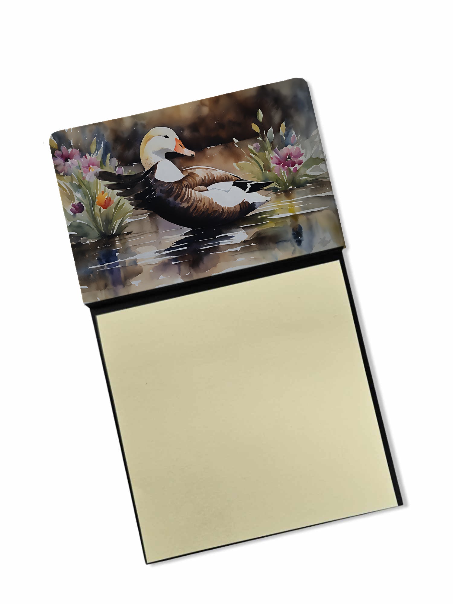 Common Eider Wood Duck Swimming with Flowers Watercolor Sticky Note Holder Refillable Dispenser Desk Accessory 3x3 Pad Gift