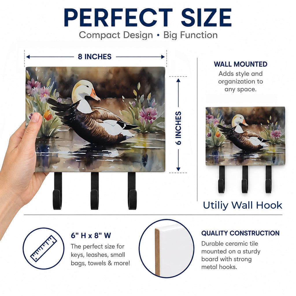 Common Eider Wood Duck Swimming with Flowers Leash or Key Holder Wall Hooks, Coat Rack Wall Mount, for Hanging Keys, Towels, Aprons, Leashes