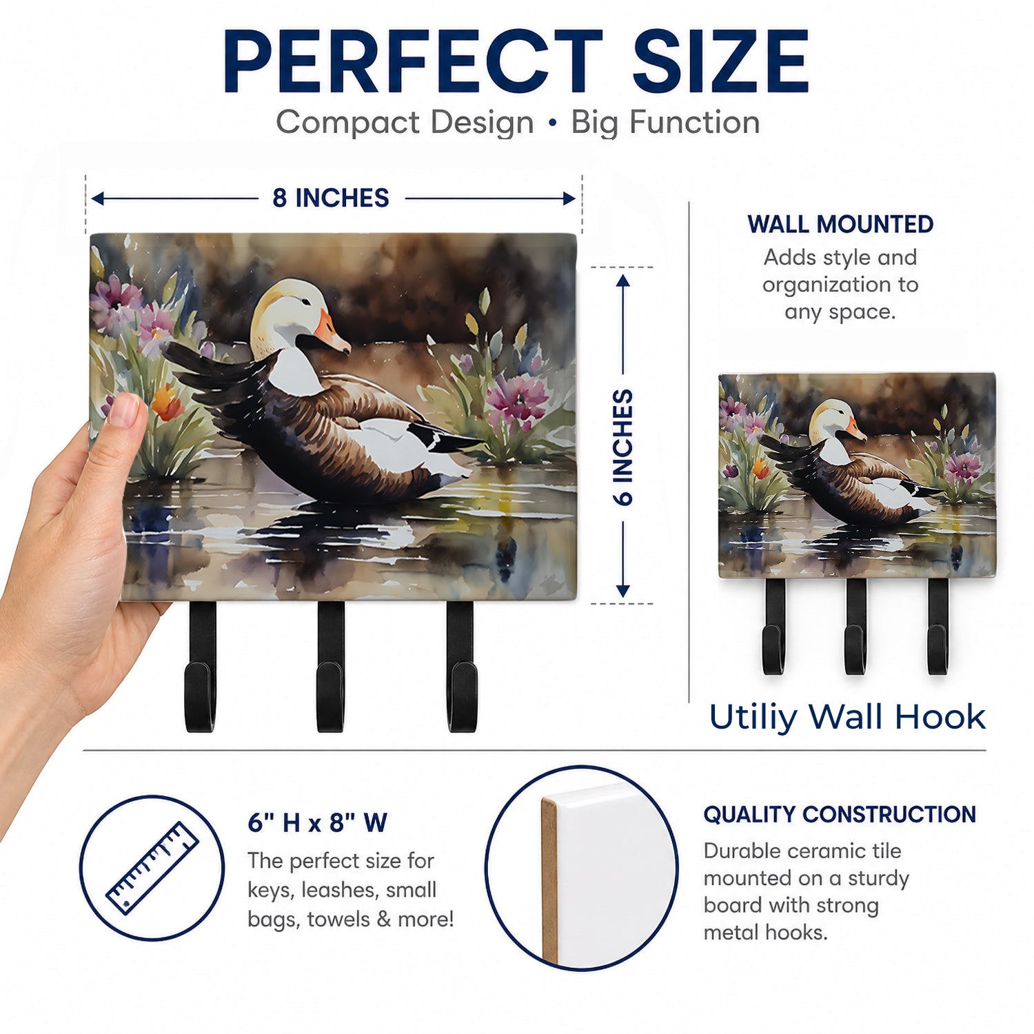 Common Eider Wood Duck Swimming with Flowers Leash or Key Holder Wall Hooks, Coat Rack Wall Mount, for Hanging Keys, Towels, Aprons, Leashes