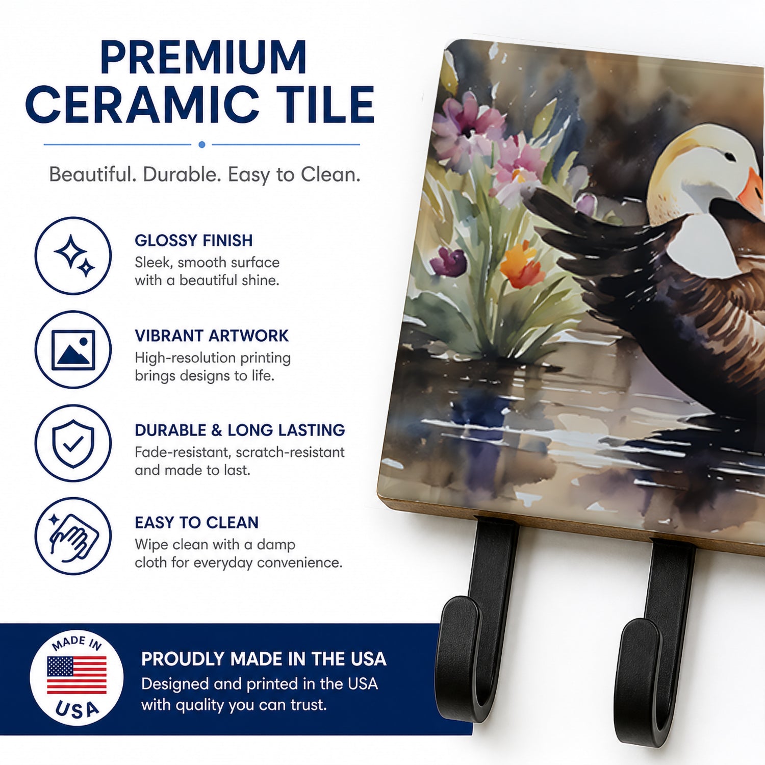 Common Eider Wood Duck Swimming with Flowers Leash or Key Holder Wall Hooks, Coat Rack Wall Mount, for Hanging Keys, Towels, Aprons, Leashes