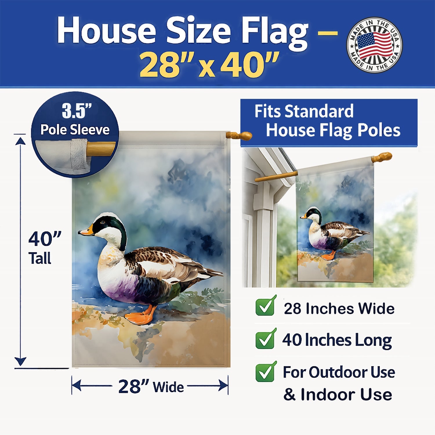 Common Eider Duck Standing Shoreline House Flag 28x40 Porch Sleeve Pole Decorative Outside Yard Banner Artwork Wall Hanging, Polyester