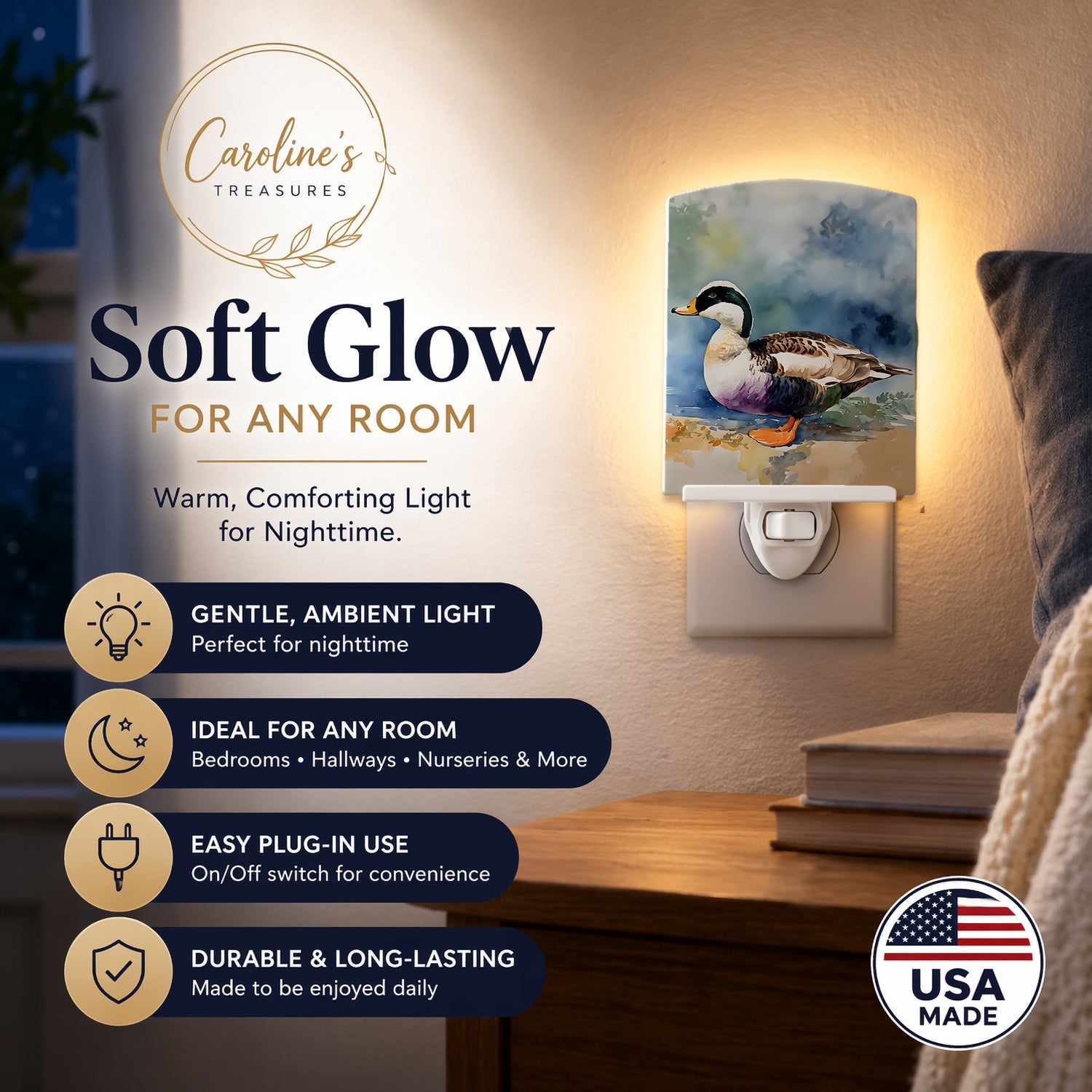 Common Eider Duck Standing Shoreline Ceramic Night Light Compact, UL-Certified, Ideal for Bedroom, Bathroom, Nursery, Hallway, Kitchen, 6x4x3, Multicolor