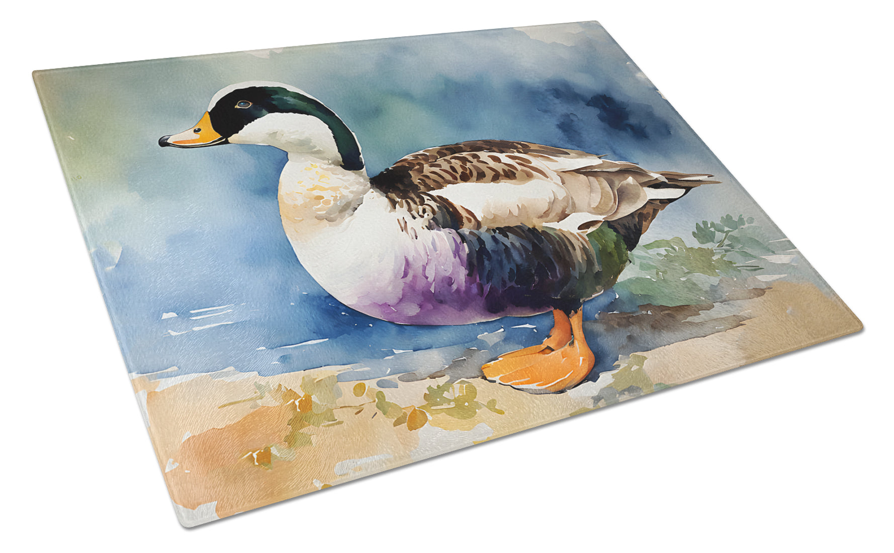 Common Eider Duck Standing Shoreline Cutting Board Tempered Glass Kitchen Cutting Surface, Heat Resistant Chopping, Non-Slip Feet, Food Prep & Serving