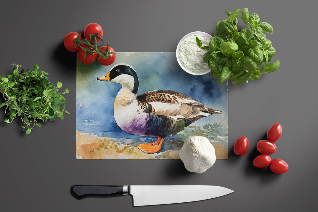 Common Eider Duck Standing Shoreline Cutting Board Tempered Glass Kitchen Cutting Surface, Heat Resistant Chopping, Non-Slip Feet, Food Prep & Serving