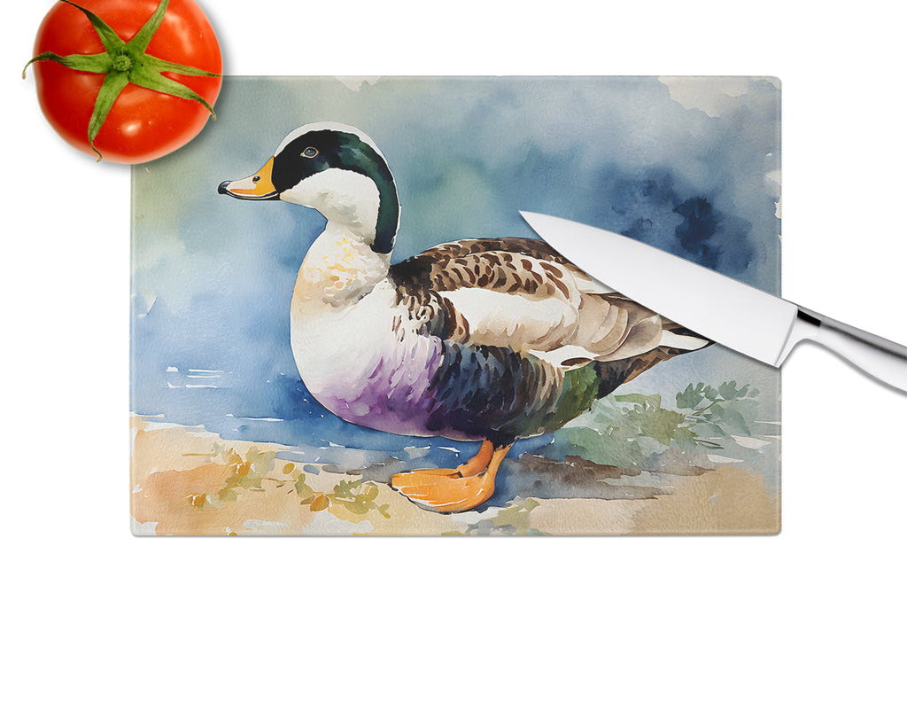 Common Eider Duck Standing Shoreline Cutting Board Tempered Glass Kitchen Cutting Surface, Heat Resistant Chopping, Non-Slip Feet, Food Prep & Serving