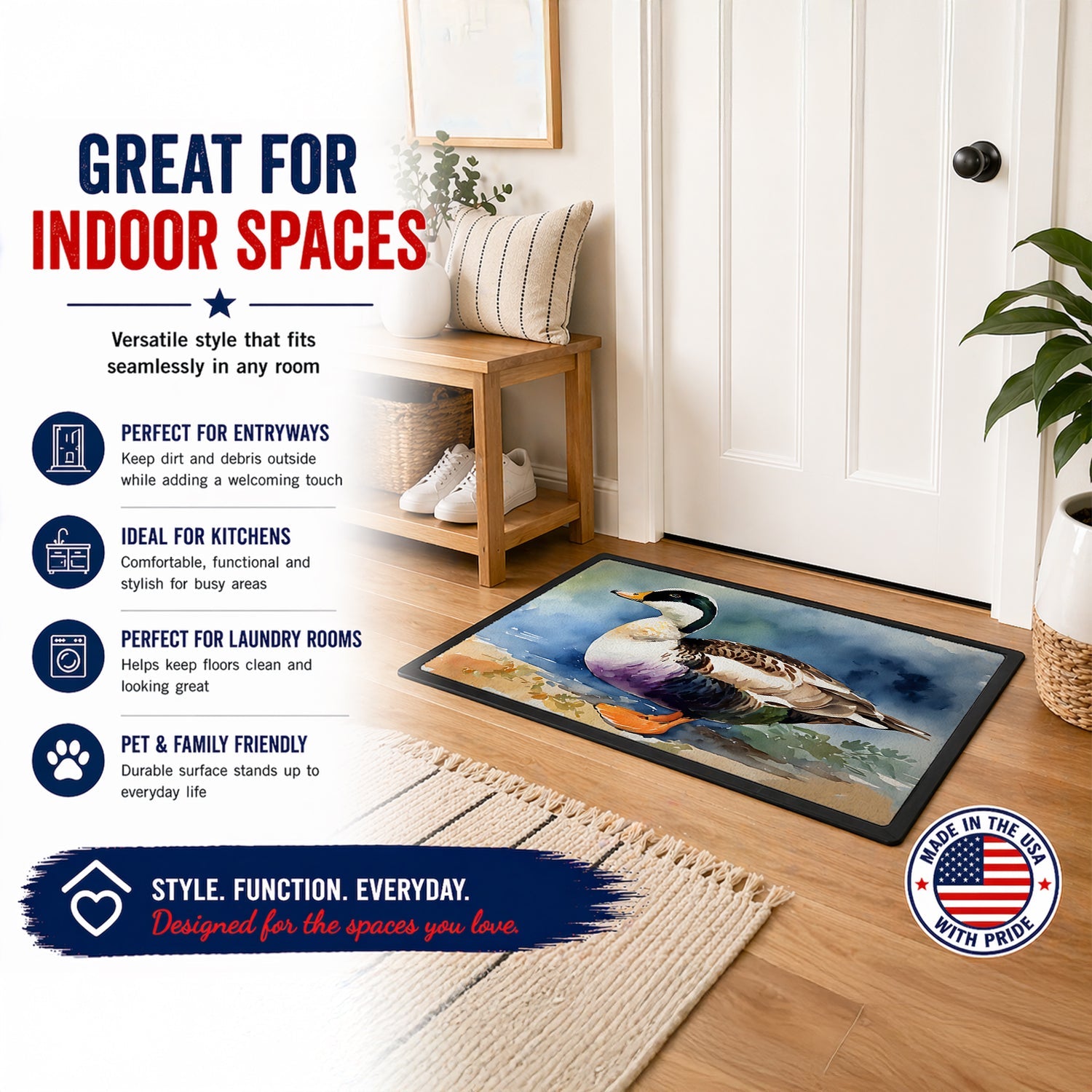 Common Eider Duck Standing Shoreline Doormat Indoor Outdoor 18H X 27W Front Door Mat Rugs for Entryway, Non Slip Washable