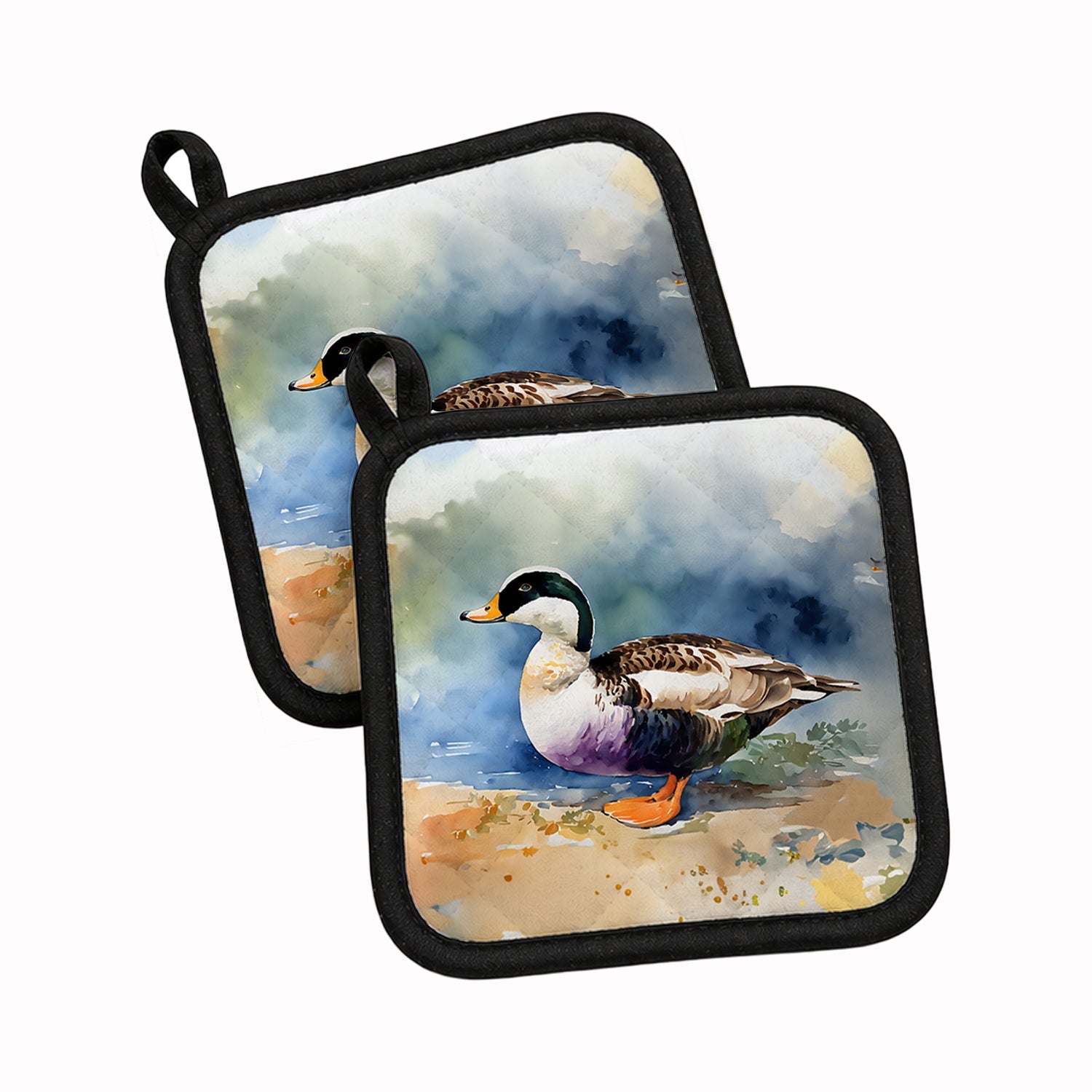 Common Eider Duck Standing Shoreline Pot Holder Set of 2 Heat Resistant Quilted Hot Pads 7.5 x 7.5 Inch, Insulated Kitchen Trivets for Cooking & Baking