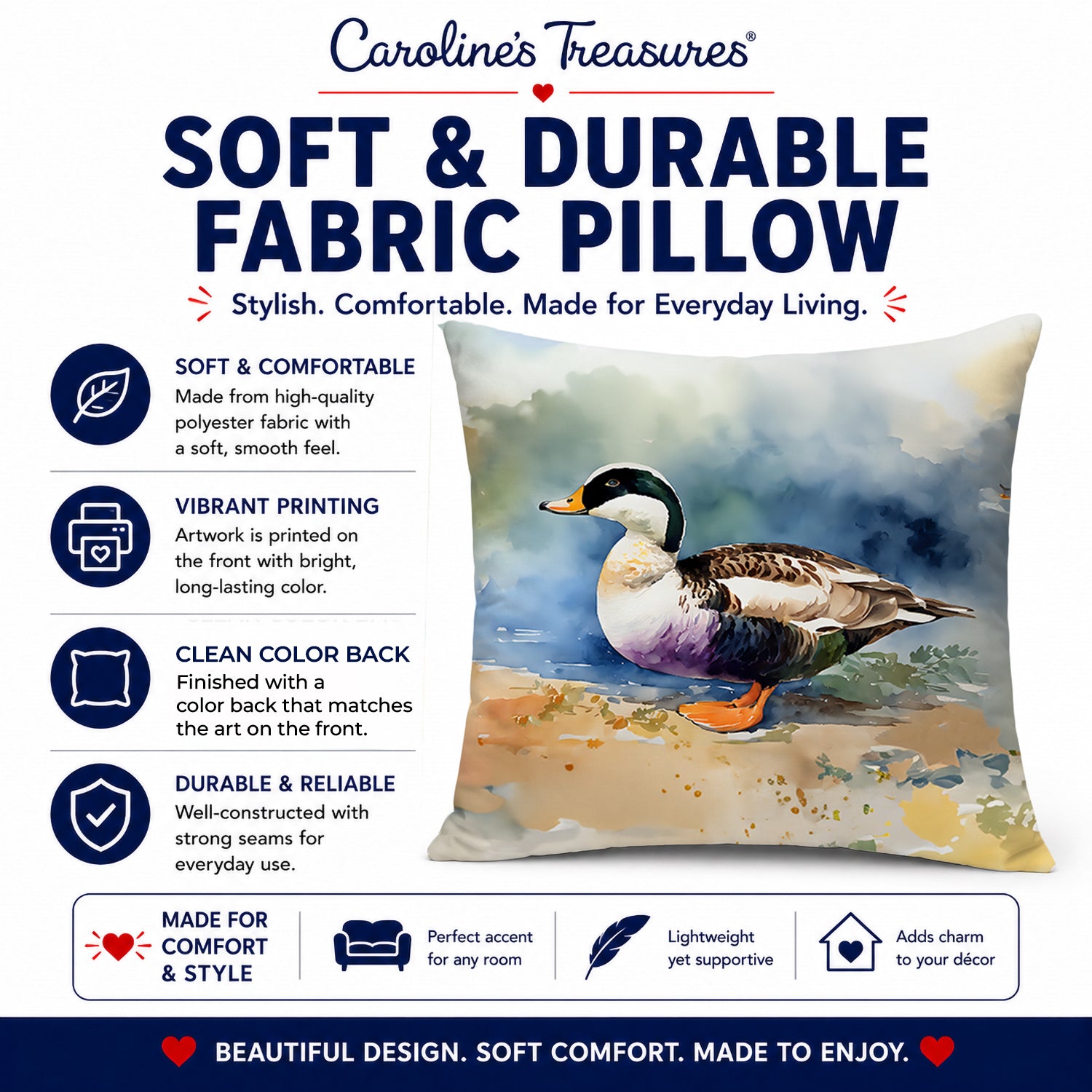 Common Eider Duck Standing Shoreline Decorative Throw Pillow 14x14 Indoor Outdoor Accent Cushion, Fabric Cover with Insert for Sofa, Bed, Porch & Living Room