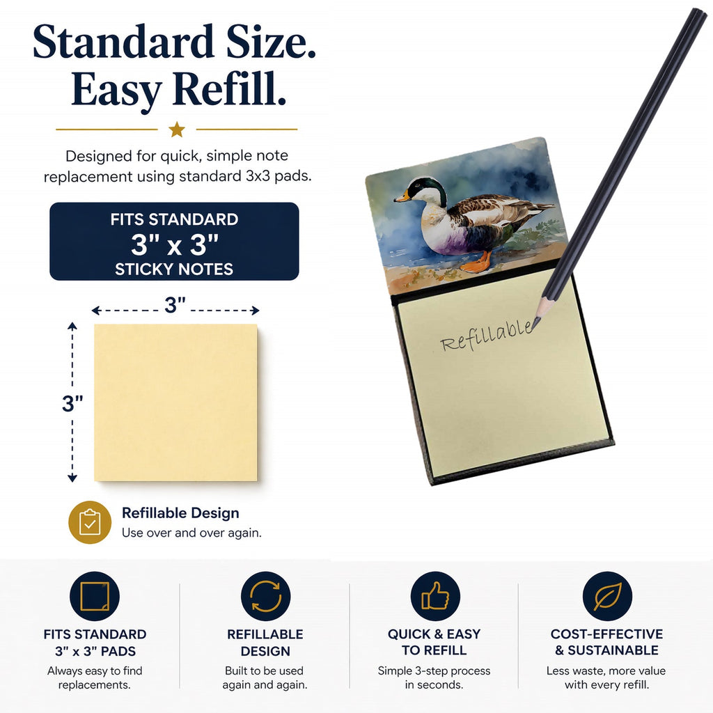 Common Eider Duck Standing Shoreline Watercolor Sticky Note Holder Refillable Dispenser Desk Accessory 3x3 Pad Gift