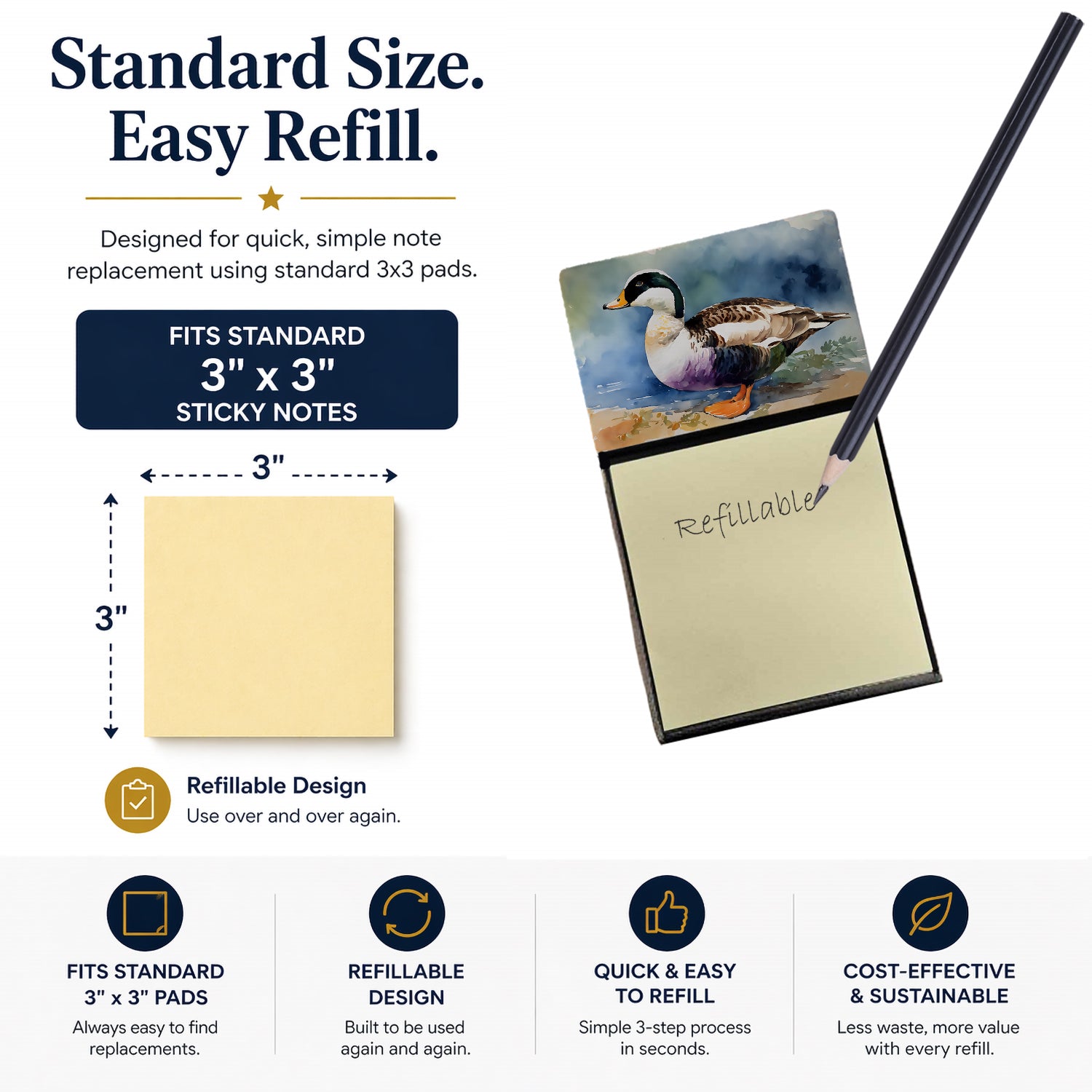 Common Eider Duck Standing Shoreline Watercolor Sticky Note Holder Refillable Dispenser Desk Accessory 3x3 Pad Gift