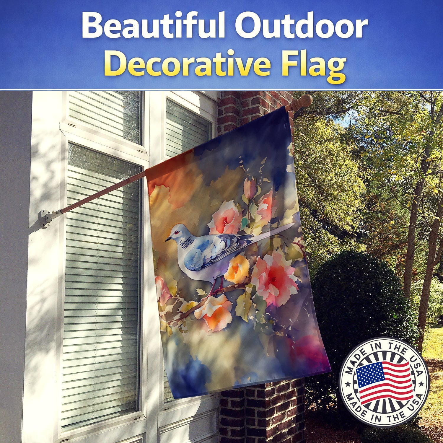 White Dove on Floral Branch House Flag 28x40 Porch Sleeve Pole Decorative Outside Yard Banner Artwork Wall Hanging, Polyester