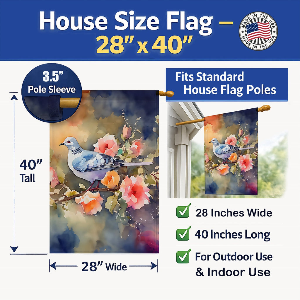White Dove on Floral Branch House Flag 28x40 Porch Sleeve Pole Decorative Outside Yard Banner Artwork Wall Hanging, Polyester