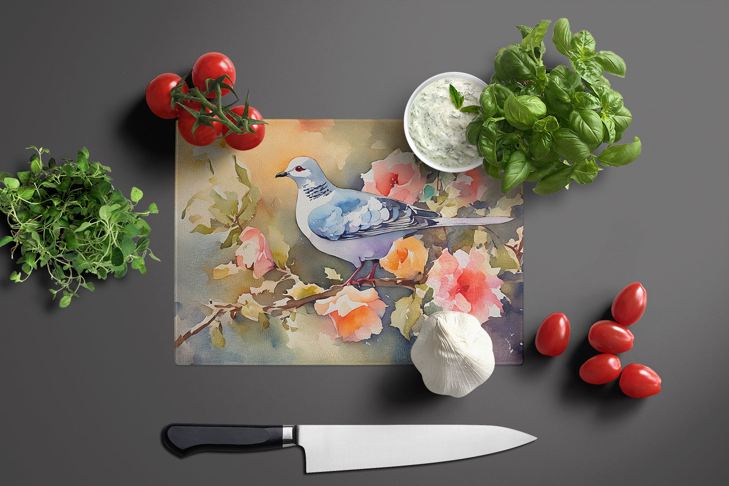 White Dove on Floral Branch Cutting Board Tempered Glass Kitchen Cutting Surface, Heat Resistant Chopping, Non-Slip Feet, Food Prep & Serving