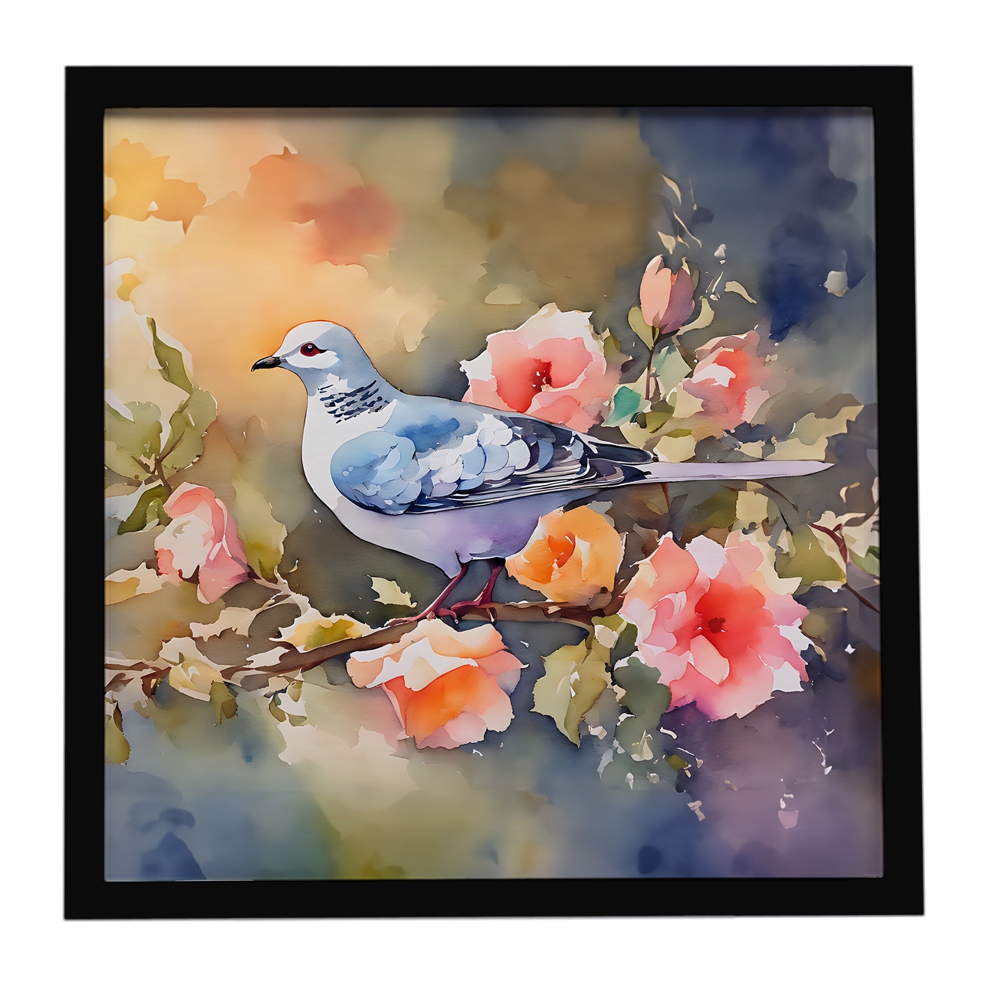 White Dove on Floral Branch Framed Metal Print Bathroom, Kitchen, Office, Home Decor Wall Art Ready to Hang, Square, 8X8