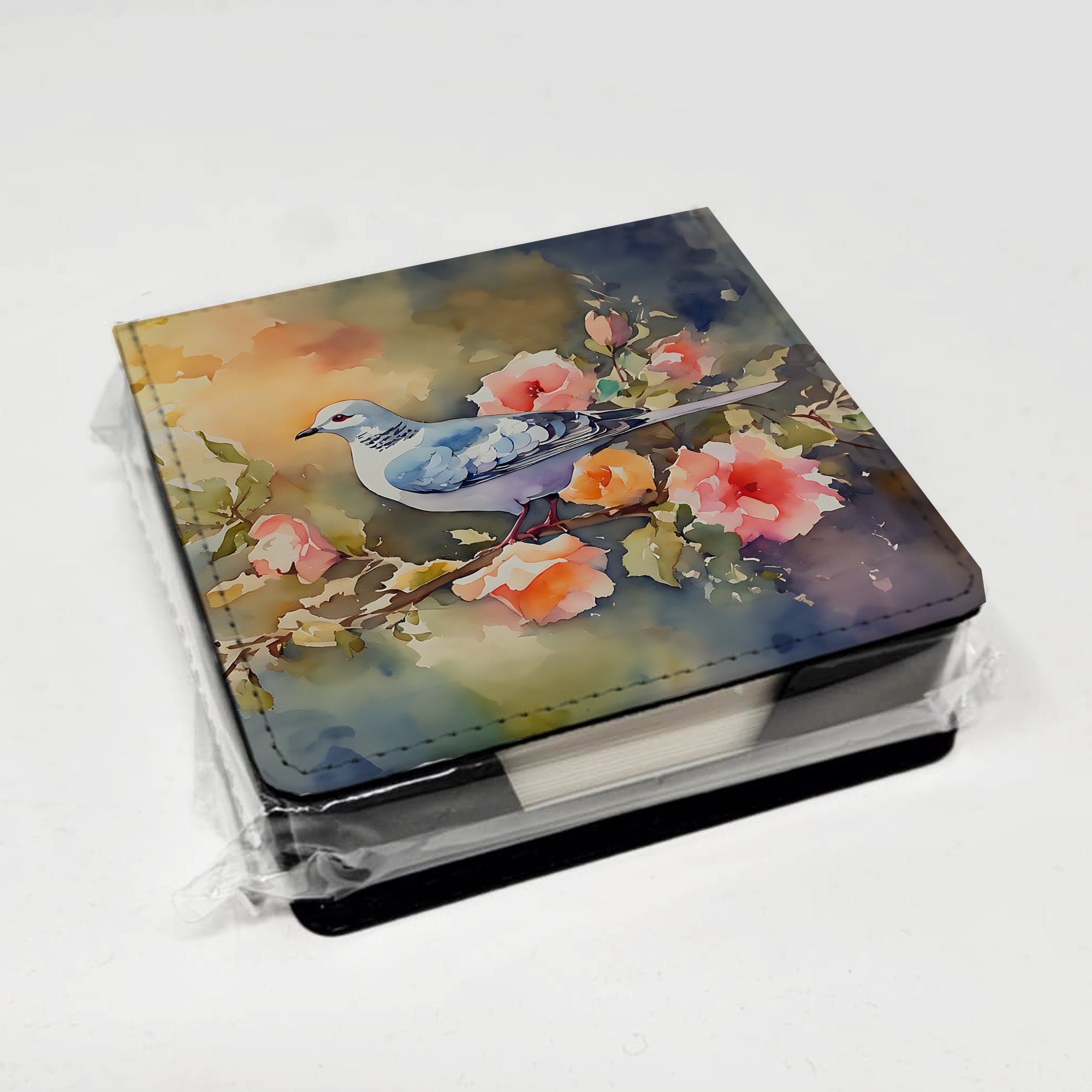 White Dove on Floral Branch PU Leather Note Paper Holder with Artist-Designed Cover, Desk Accessory, Office Gift
