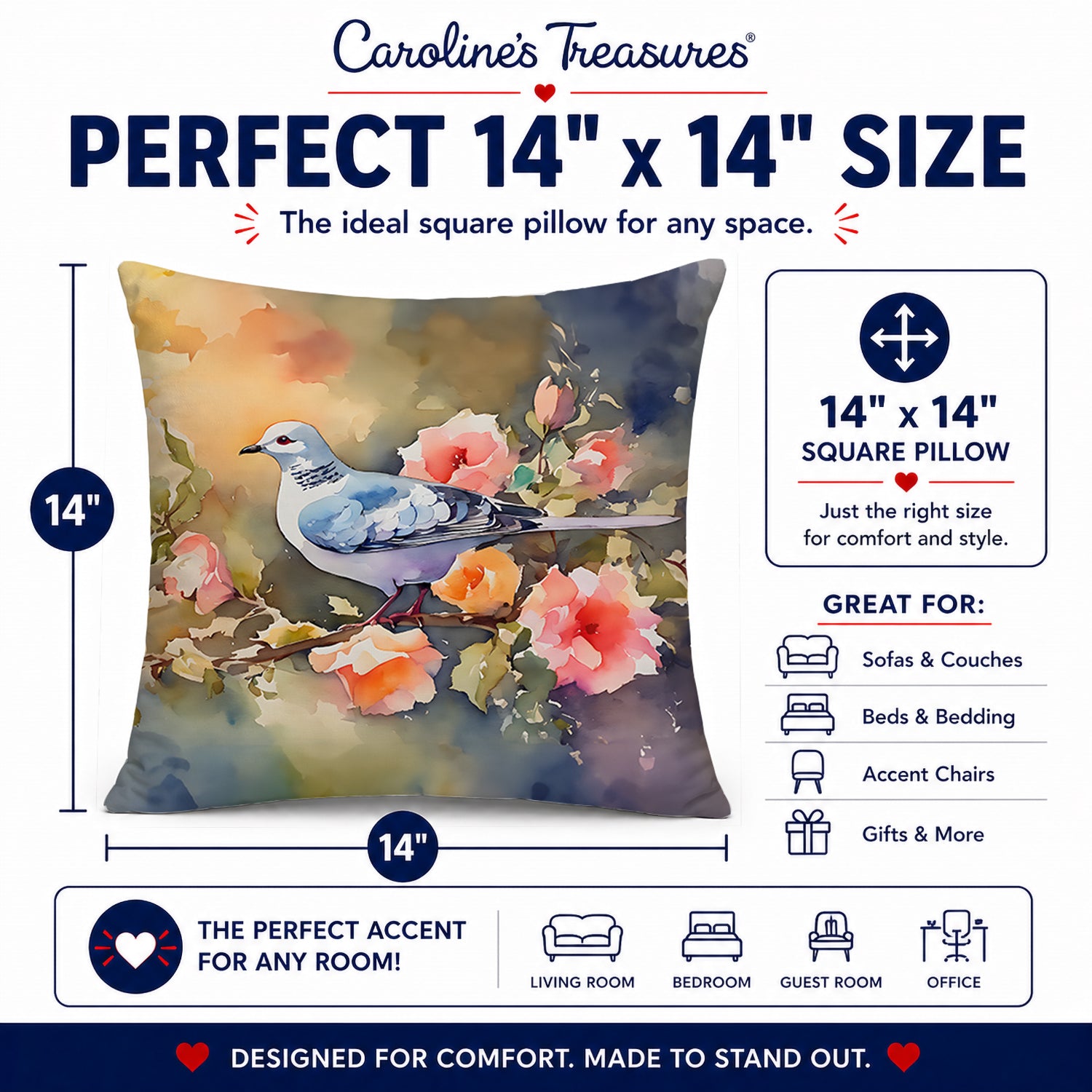 White Dove on Floral Branch Decorative Throw Pillow 14x14 Indoor Outdoor Accent Cushion, Fabric Cover with Insert for Sofa, Bed, Porch & Living Room
