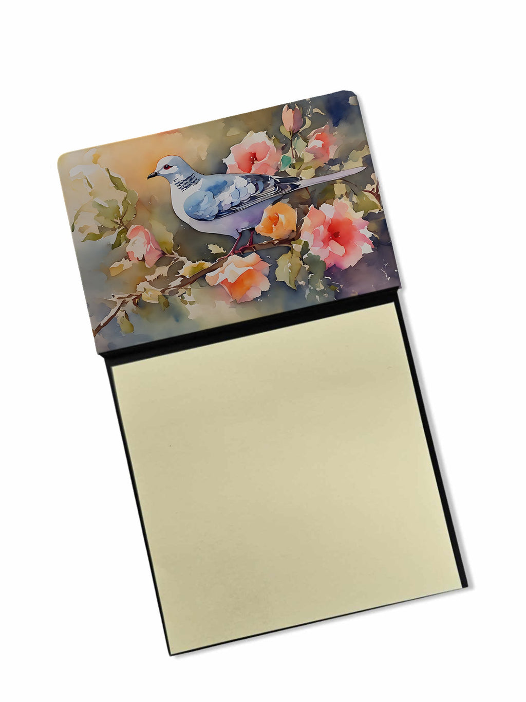 White Dove on Floral Branch Watercolor Sticky Note Holder Refillable Dispenser Desk Accessory 3x3 Pad Gift