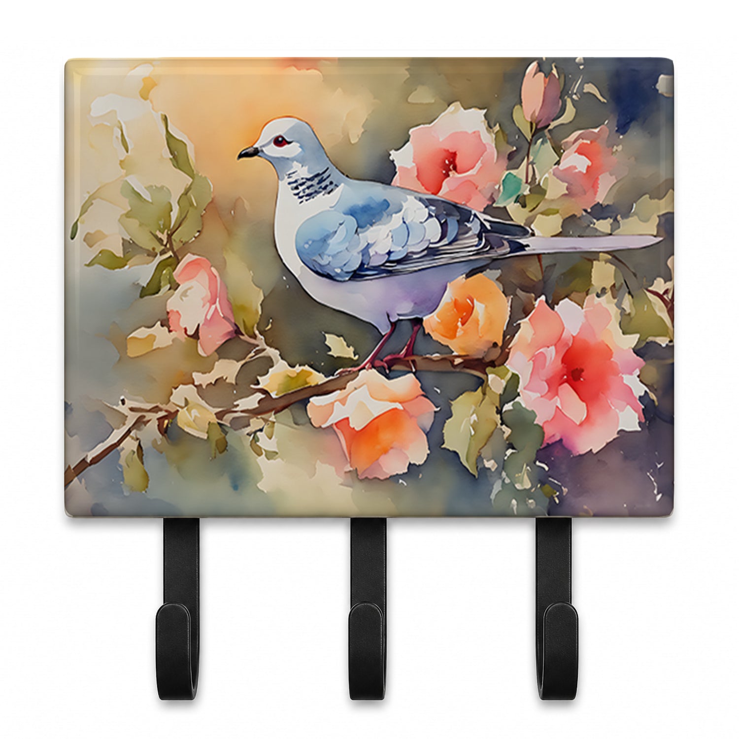 White Dove on Floral Branch Leash or Key Holder Wall Hooks, Coat Rack Wall Mount, for Hanging Keys, Towels, Aprons, Leashes